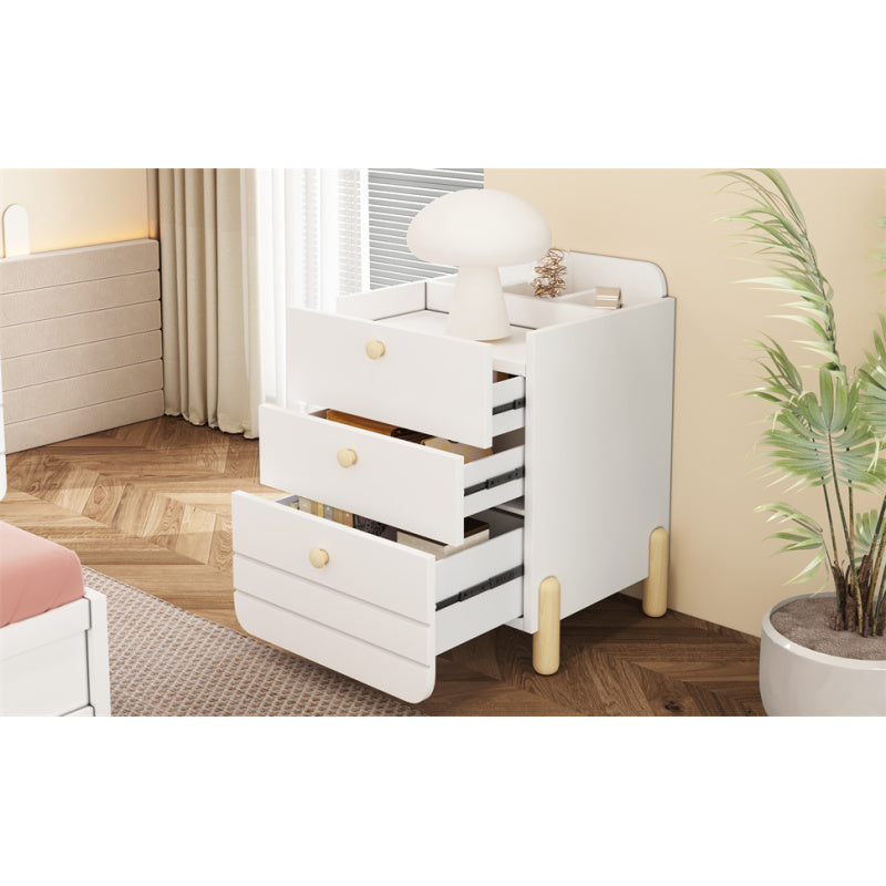 Nachttisch mit 3 Schubladen mit Einlegeböden, Geräuschloses Schubladendesign, Exquisite Holzfarbene Füße, Stauraum im Wohn- und Schlafzimmer, Einzigartige Form und Minimalistisches Design, Weiß