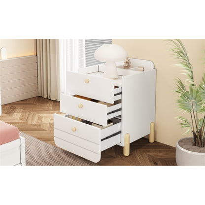 Nachttisch mit 3 Schubladen mit Einlegeböden, Geräuschloses Schubladendesign, Exquisite Holzfarbene Füße, Stauraum im Wohn- und Schlafzimmer, Einzigartige Form und Minimalistisches Design, Weiß