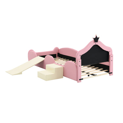 Polsterbett, Crown Cartoon Bett, Mit Multi-Mode-LED-Streifen, Kinderbett mit kleiner Rutsche und Treppe, mit schützenden weichen Kanten, mit Holzlatten, PU, Rosa + Beige, 90x200cm