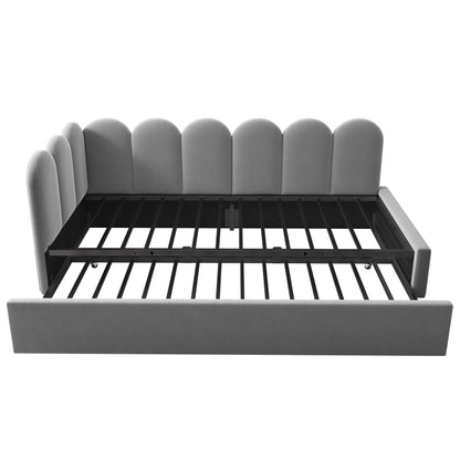 Polsterbett Daybett 90x200cm,Tagesbett Schlafsofa Kinderbett mit Ausziehbett 90x190cm und Lattenrost, Samt, Grau, ohne Matratze