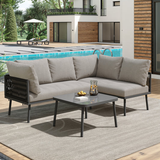 Garten-Lounge-Set aus Eisen, Gartenmöbel-Set aus grauem Seil, L-förmiges Gartenmöbel-Set, Lounge-Set aus grauem Seil mit Sitzkissen, verstellbaren Füßen, 2 Sofas und 1 Tisch