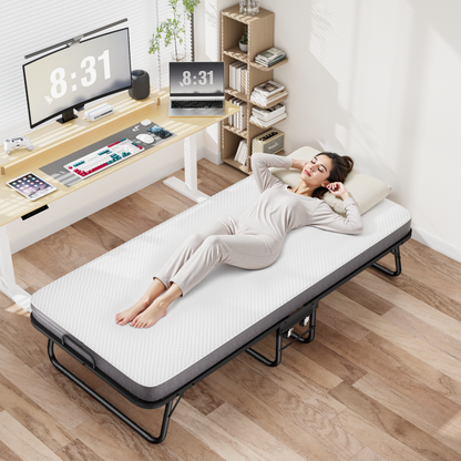 Klappbett 90x190cm mit 10cm Memory Foam Matratze – Faltbares Gästebett auf Rollen bis 150kg, inkl. Staubschutzhülle & Waschbarem Bezug