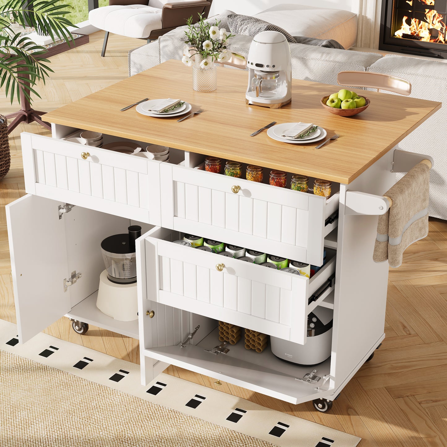 Moderne Kücheninsel, Küchenschrank, buffetschrank, Speisewagen mit Holzmaserung, buffetschrank, Multifunktionale Esstisch mit Speicherraum, Speisewagen mit Stretchfunktionsschränken, weiß