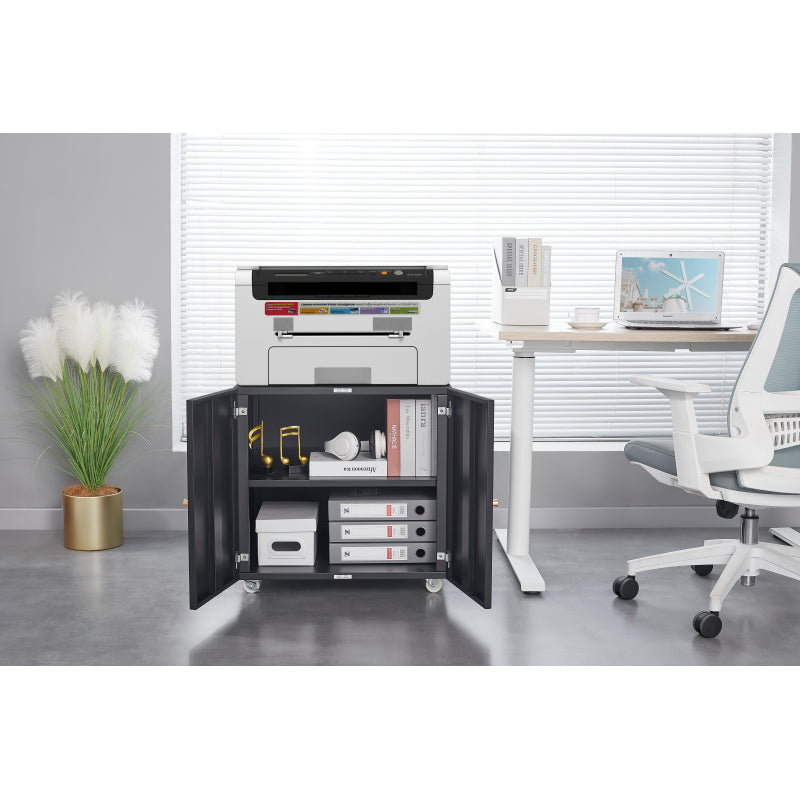 Metal Printer Stand with Storage Mobile Printer Tables for Small Spaces with Door Adjustable Shelf File Cabinet on Wheels for Home Office (Black)