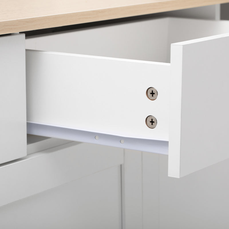 Sideboard mit weißer Holzmaserung, vier Türen, mit drei Schubladen, Wohnzimmer, Esszimmer. Holzfarbe und Weiß