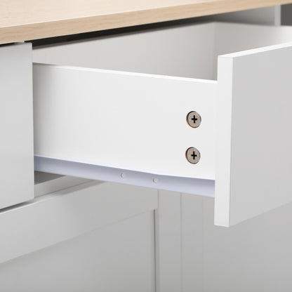 Sideboard mit weißer Holzmaserung, vier Türen, mit drei Schubladen, Wohnzimmer, Esszimmer. Holzfarbe und Weiß