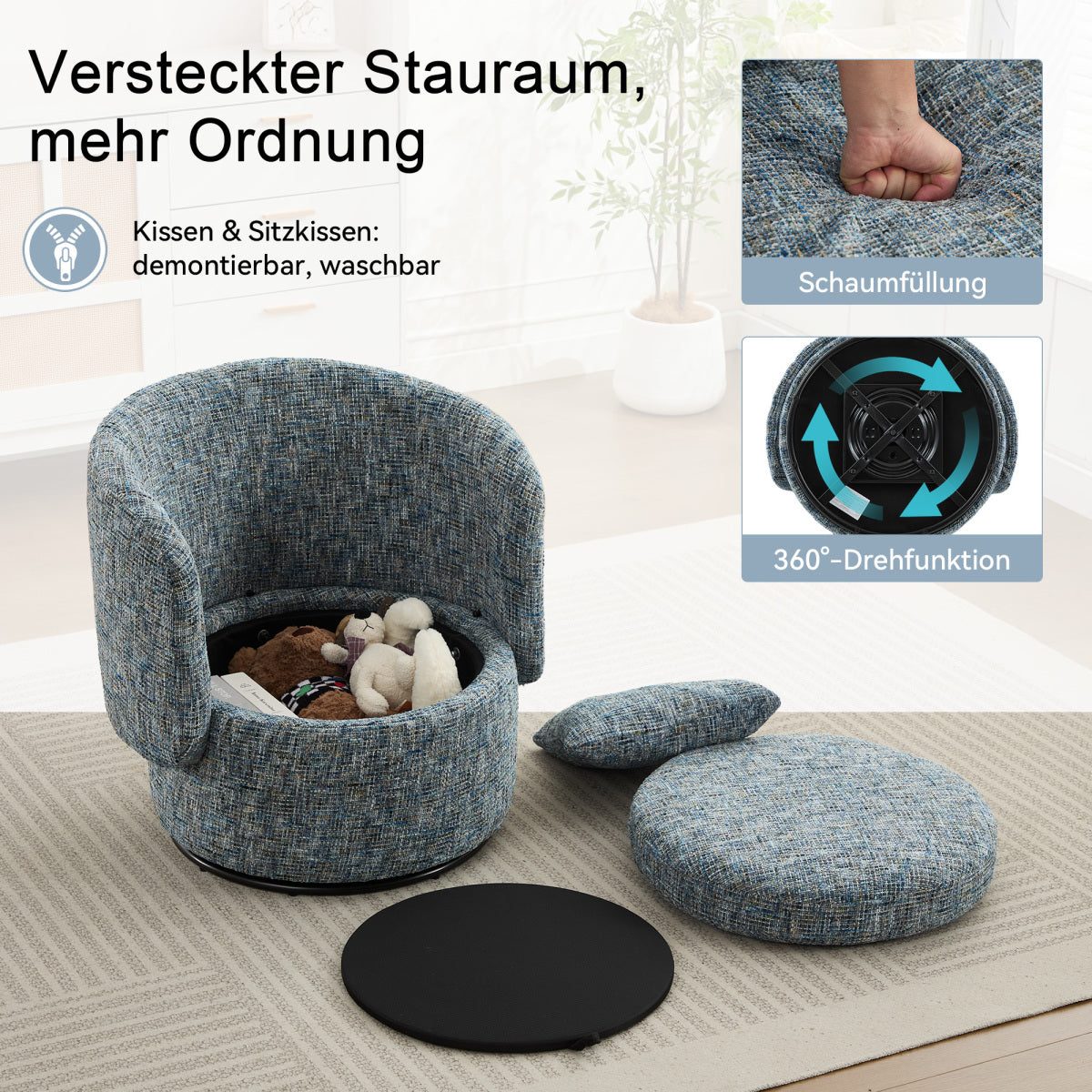 360° Drehsessel Chenille (Grün) – Modern, Rund & Bequem für Leseecke, Wohnzimmer
