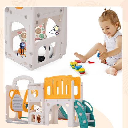 7-in-1-Rutsche für Kinder, bestehend aus Rutsche, Schaukel, Plattform, Unterschrank, Lochbohrspiel, Basketballkorb und Treppe - hochdichtes Polyethylen (Ozeanball nicht enthalten)