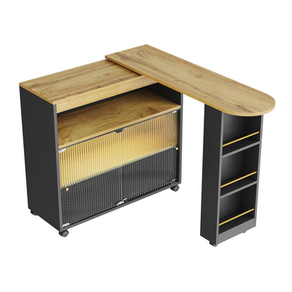 Produkttitel:  Bartisch ausziehbar 138-204cm, fahrbarer Stehtisch mit LED & Changhong-Glas, Küchentisch mit Rollen & Stauraum, Bistro Table, Schwarz