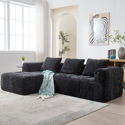 Modernes Sektionssofa, L-Sofa, 3-Sitzer-Sofa, keine Installation erforderlich, Chenille-Sofa mit Chaiselongue und Armlehnen, 3 Kissen, Seitentasche für Fernbedienung, Schwarz