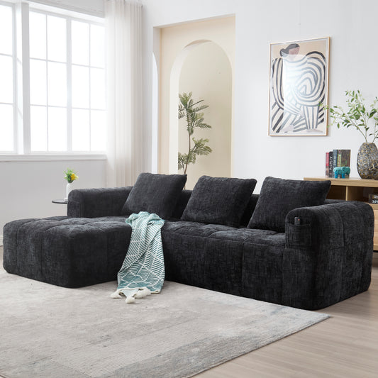 Modernes Sektionssofa, L-Sofa, 3-Sitzer-Sofa, keine Installation erforderlich, Chenille-Sofa mit Chaiselongue und Armlehnen, 3 Kissen, Seitentasche für Fernbedienung, Schwarz