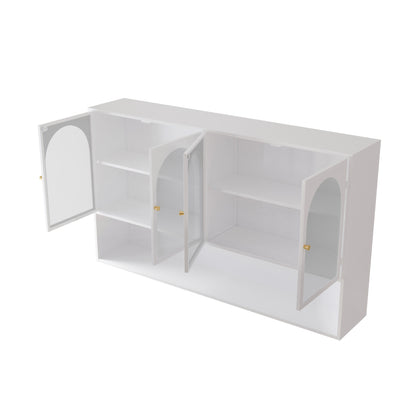 120CM Four-door Glass Wall Cabinet Storage, Wall-mounted,Suitable for Kitchen, Living Room, Bathroom (White)