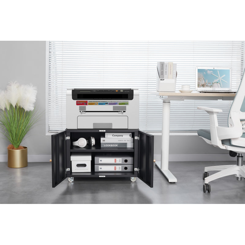 Metal Printer Stand with Storage Mobile Printer Tables for Small Spaces with Door Adjustable Shelf File Cabinet on Wheels for Home Office (Black)
