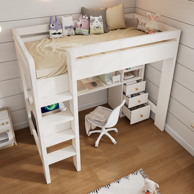 Kinderbett Hochbett mit L-förmigem Schreibtisch, Regalen und Schubladen mit USB/Type-C Ladebereich, Jugend-Einzelbett mit Leiter und Holzlattenrost, 90×200cm, Weiß, ohne Matratze.