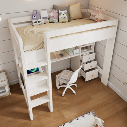 Kinderbett Hochbett mit L-förmigem Schreibtisch, Regalen und Schubladen mit USB/Type-C Ladebereich, Jugend-Einzelbett mit Leiter und Holzlattenrost, 90×200cm, Weiß, ohne Matratze.