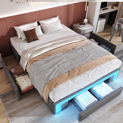 Bettgestell 180X200 mit Schubladen, PU-Leder Bett ohne Kopfteil Mit LED-Lichtleiste, MetalllattenPlattformbett für moderne Schlafzimmer Beige