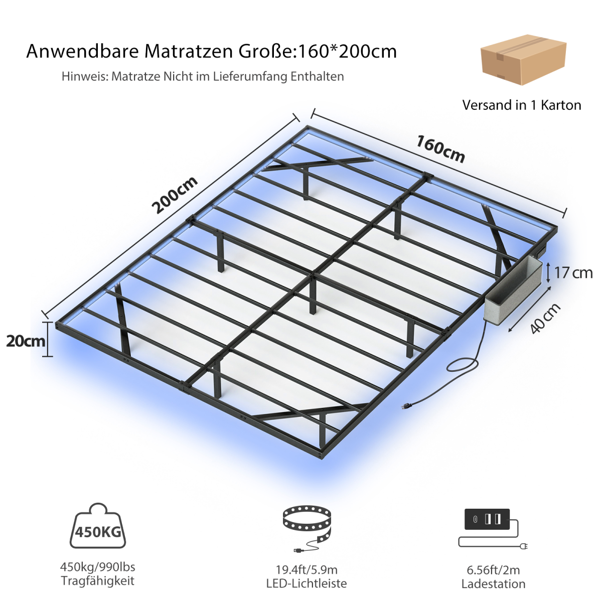 Schwebebett 160x200 Schwarz, Metallbett mit RGB LED (App & Musik Sync), Ladestation (USB/Typ-C), 450kg Traglast