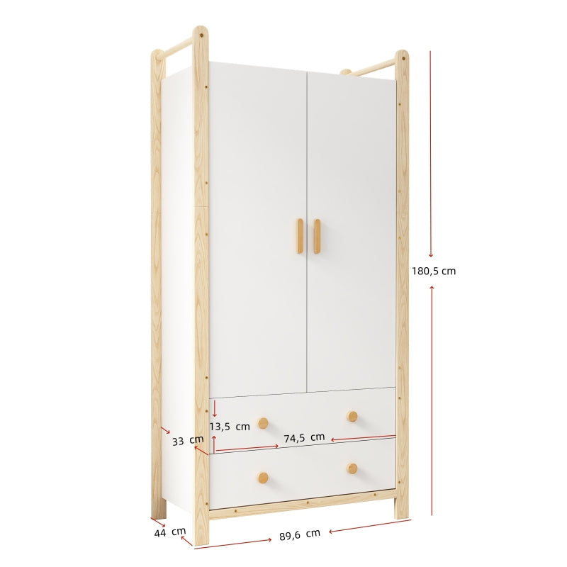 2-türiger Kleiderschrank, Kleiderschrank mit Kleiderstange, für Schlafzimmer, Wohnzimmer, Flurgarderobe geeignet,  weißer Körper + Kieferrahmen