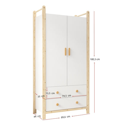 2-türiger Kleiderschrank, Kleiderschrank mit Kleiderstange, für Schlafzimmer, Wohnzimmer, Flurgarderobe geeignet,  weißer Körper + Kieferrahmen