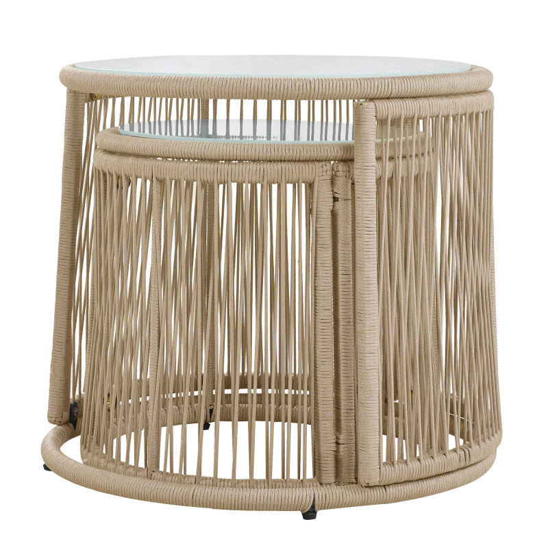 Gartenlounge-Set, Gartenmöbel-Set, Mit Eisenrahmen und beigem Seil, Gartenmöbel aus gewebtem Seil für den Außenbereich, Beige, Zwei Sessel, zwei 2-Sitzer-Sofas und zwei Tische (alle Kissen inklusive)