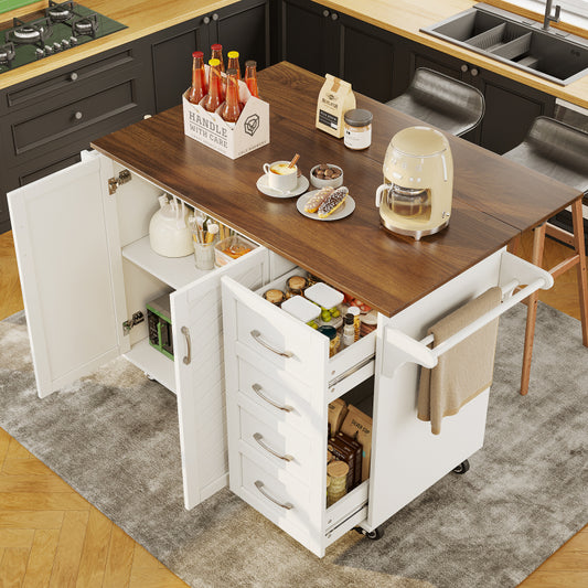 Küchenwagen mit diagonal gestreiften Schranktüren, herausnehmbarer Esswagen mit Handtuchhalter und Gewürzregal, verstellbare Trennwände, Küchenbuffet, Tischplatte mit Holzmaserung, weiß