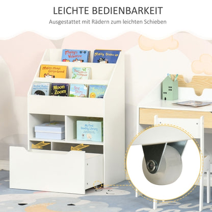 Kinder Bücherregal Kinderregal mit Schublade, 3 Ablagefächern und 2 offenen Fächern, Aufbewahrungsregal für Kinderzimmer, Spielzimmer, Weiß