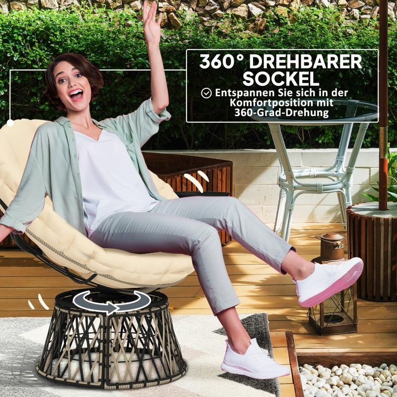 Papasansessel Rattan 360° drehbar Korbsessel mit Kissen Durchmesser 90 cm, für Wohnzimmer, Garten, Balkon, Beige