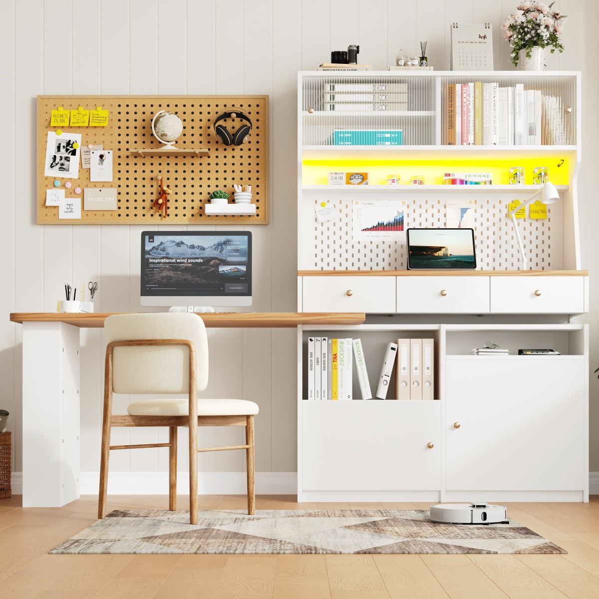Küchenschrank 137x45x178cm hohes Küchenbuffet mit LED-App-Steuerung, Ausziehbarer Tischplatte & Stecktafel, Mehrzweckschrank MDF Weiß/Holz