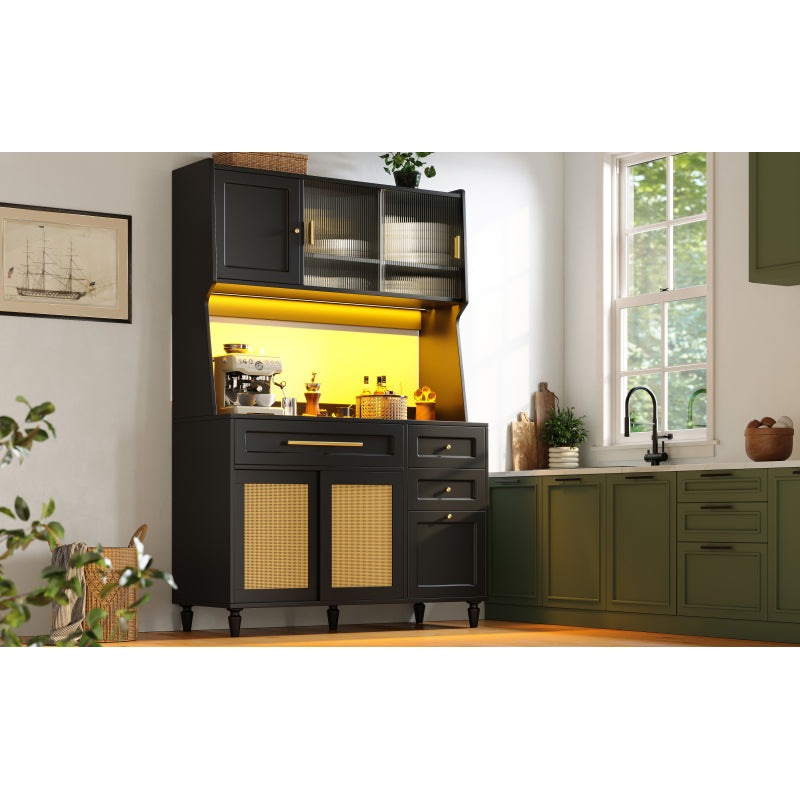 Küchenschrank, Esszimmerschrank mit 3 Schubladen,Sideboard mit LED-Beleuchtung, PE-rattan, schwarz