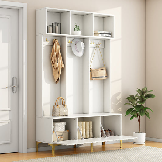 Garderobenset mit Bank, multifunktionale Aufbewahrungsbank, offene Aufbewahrung,6 goldene Haken und Füße, geeignet für Flur, Wohnzimmer, weiß, B120/D40/H191.5CM
