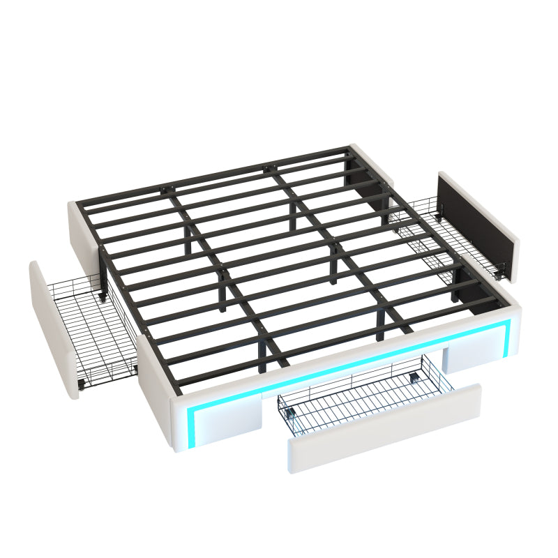 Bettgestell 180X200 mit Schubladen, PU-Leder Bett ohne Kopfteil Mit LED-Lichtleiste, MetalllattenPlattformbett für moderne Schlafzimmer Beige