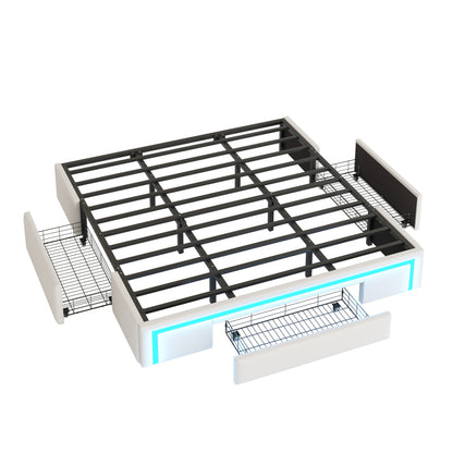 Bettgestell 180X200 mit Schubladen, PU-Leder Bett ohne Kopfteil Mit LED-Lichtleiste, MetalllattenPlattformbett für moderne Schlafzimmer Beige