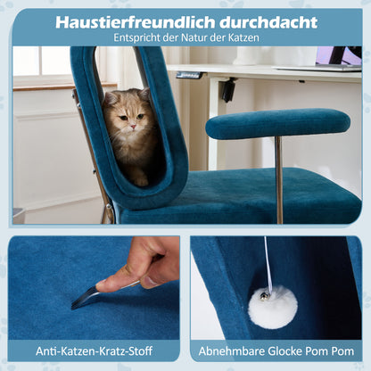 Bürostuhl mit integriertem Katzenbett - Haustierfreundlicher Stuhl, kratzfestes Material,schbreite Sitzfläche, austauschbare Armlehnen, menenfreundliches Design, Katzenbett in der Rückenlehne, Blue