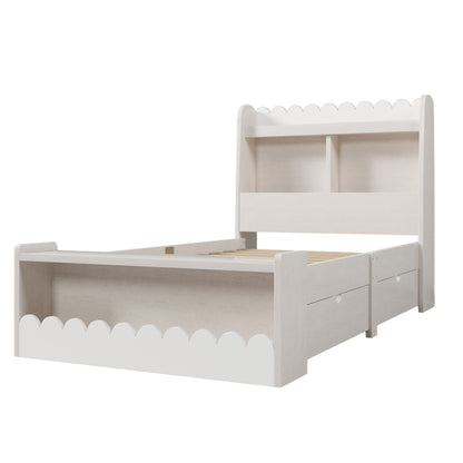 Kinderbett Einzelbett Stauraumbett mit Schubladen, Regal und Sitzbank mit Stauraum, Holzbett 90x200 cm, Weiß mit Eichefarben (Ohne Matratze)