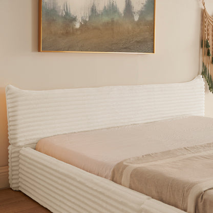 Doppelbett 160x200cm, mit Samtweichem Chenille-Bezug & Elegantem Kleinkantendesign am Kopfende, Beige (ohne Matratze)