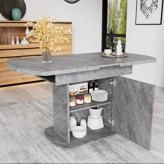 Ausziehbarer ovaler Esstisch, L110/130*W70*H75cm, Betonoptik+silberner Griff