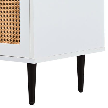 Sideboard mit 3 Rattan verzierten Türen Kommode Highboard mit Metallgriffe, für Schlafzimmer & Wohnräume & Büro, Weiß,129.8x 40x 76cm