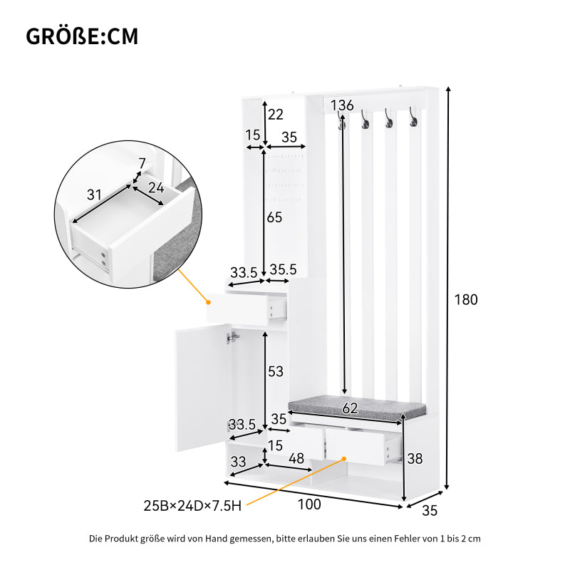Flurgarderobe mit gepolsterter Aufbewahrungsbank, multifunktionaler Flur-Schuhschrank mit Stecktafel, moderne Garderobe mit 4 Haken für Eingangsbereich, Waschküche, Weiß,H180/B100/T35 cm