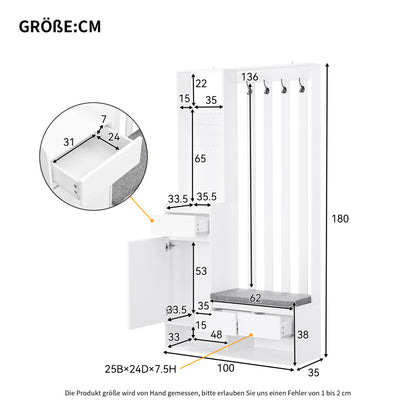 Flurgarderobe mit gepolsterter Aufbewahrungsbank, multifunktionaler Flur-Schuhschrank mit Stecktafel, moderne Garderobe mit 4 Haken für Eingangsbereich, Waschküche, Weiß,H180/B100/T35 cm