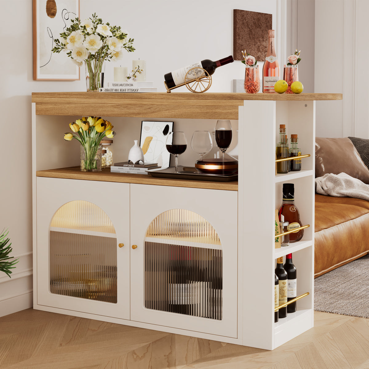 Bartisch ausziehbar 138-193cm, 360° drehbarer Stehtisch mit LED & Glasfront, Bistrotisch mit Regal, Esstisch mit Stauraum, Weiß