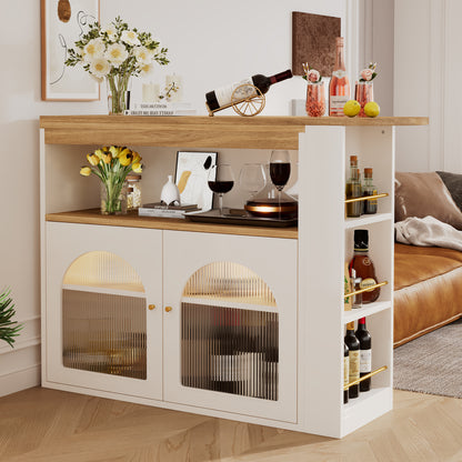 Bartisch ausziehbar 138-193cm, 360° drehbarer Stehtisch mit LED & Glasfront, Bistrotisch mit Regal, Esstisch mit Stauraum, Weiß