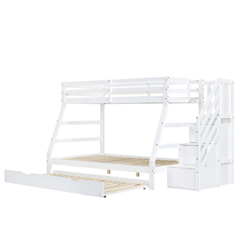 Etagenbett mit Rollbett, Kinderbett mit Leiterschrank und Handlauf, mit Fallschutzgitter an allen Seiten, Kiefer+MDF, Weiß, 90x190CM Rollbett, 90/120x200CM
