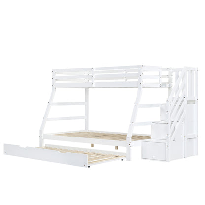 Etagenbett mit Rollbett, Kinderbett mit Leiterschrank und Handlauf, mit Fallschutzgitter an allen Seiten, Kiefer+MDF, Weiß, 90x190CM Rollbett, 90/120x200CM