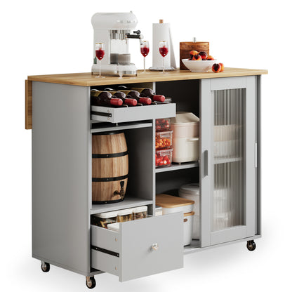 112×46(69)×91cm, klappbarer Kücheninselwagen, Eichenholzfurnier, Weinregal, Schubladen, großer Kücheninselwagen mit Schiebetüren aus gehärtetem Glas und verstellbaren Einlegeböden, mobiler Inselwagen