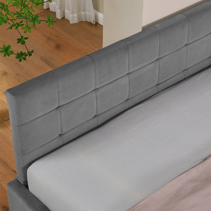 Doppelbett 140x200 cm, weiches hautfreundliches Samt, L-förmiges Eck Bettgestell, robuste Eukalyptus- und Eisenlatten, Dark Gray (ohne Matratze)