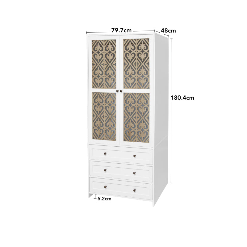 Weißer Aufbewahrungsschrank mit Schnitzmuster – Boho-Garderobenschrank mit Rattangeflecht, 3 Schubladen und Kleiderstange aus Aluminiumlegierung – ideal für Wohnzimmer, Schlafzimmer, Büro oder Arbeits