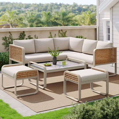 Garten-Lounge-Set, Rattan-Möbel-Set für 6-7 Personen, Ecksofa mit verzinktem Eisengestell, verstellbare Beine, inklusive aller Sitz- und Rückenkissen, beige