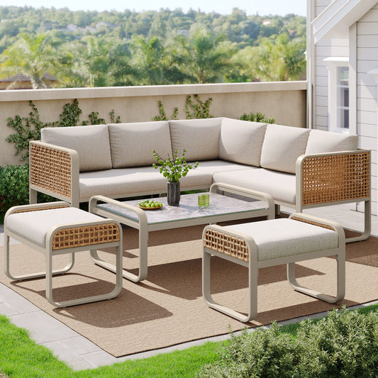 Garten-Lounge-Set, Rattan-Möbel-Set für 6-7 Personen, Ecksofa mit verzinktem Eisengestell, verstellbare Beine, inklusive aller Sitz- und Rückenkissen, beige