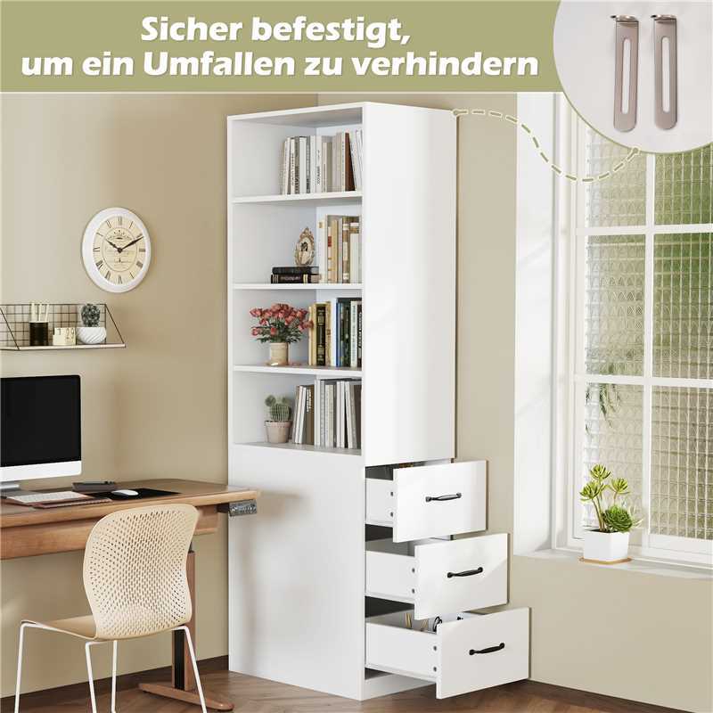 Extra schmales Bücherregal mit seitlichen Schubladen - Verstellbare Böden, links und rechts austauschbar, geeignet für kleine Räume