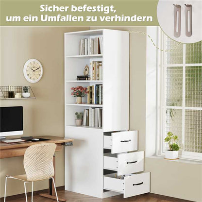 Extra schmales Bücherregal mit seitlichen Schubladen - Verstellbare Böden, links und rechts austauschbar, geeignet für kleine Räume